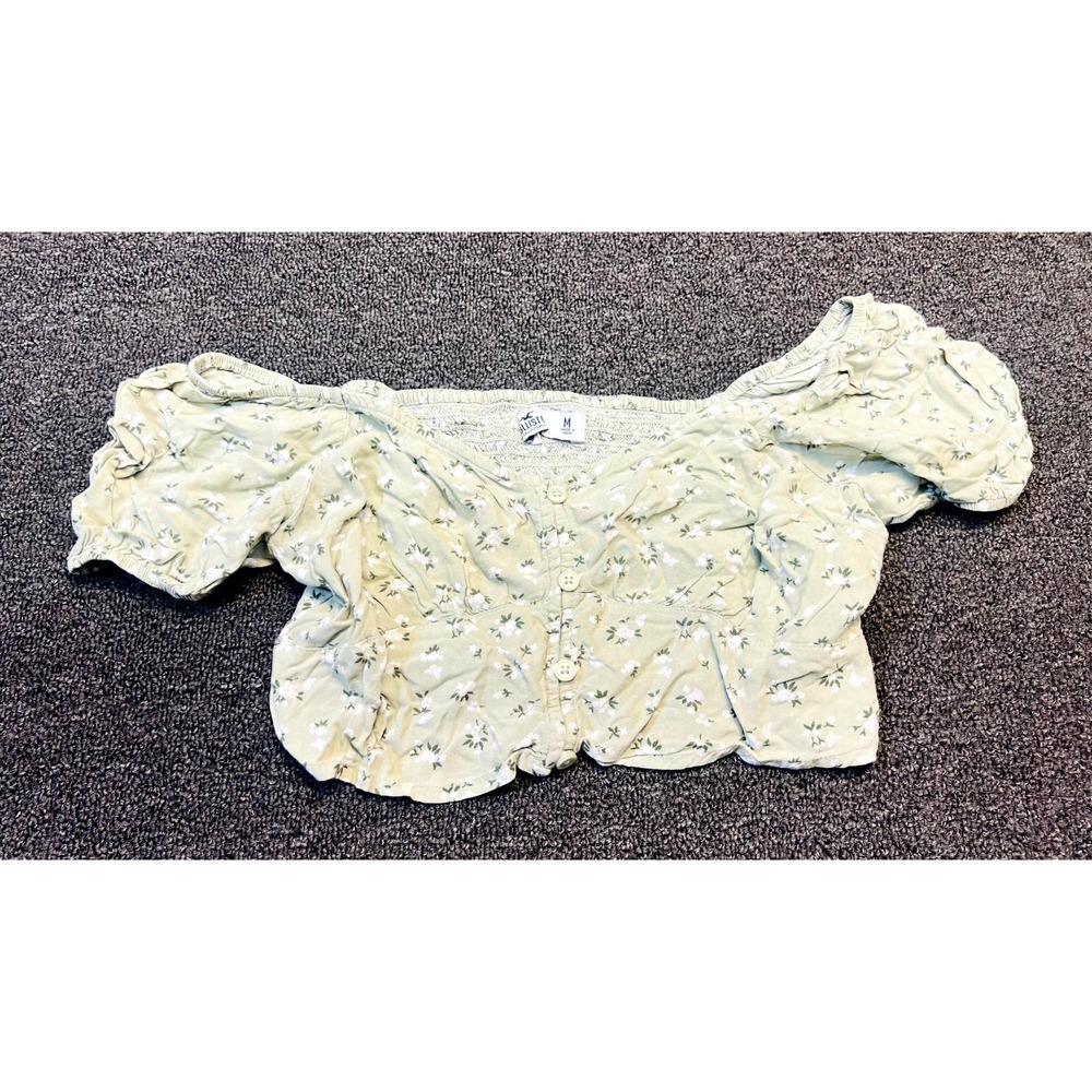 Hollister Crop Top Womens Medium Green Floral Smocked Puff Sleeve Button Front